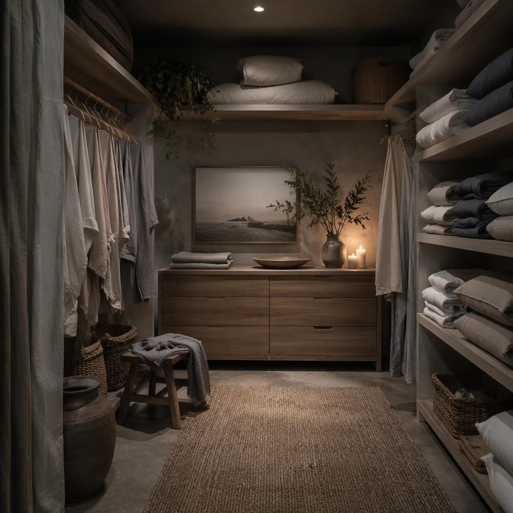 Vestidor wabi-sabi en tonos grises con lino de dormitorio costero, madera natural, plantas, arte y luz cálida.
