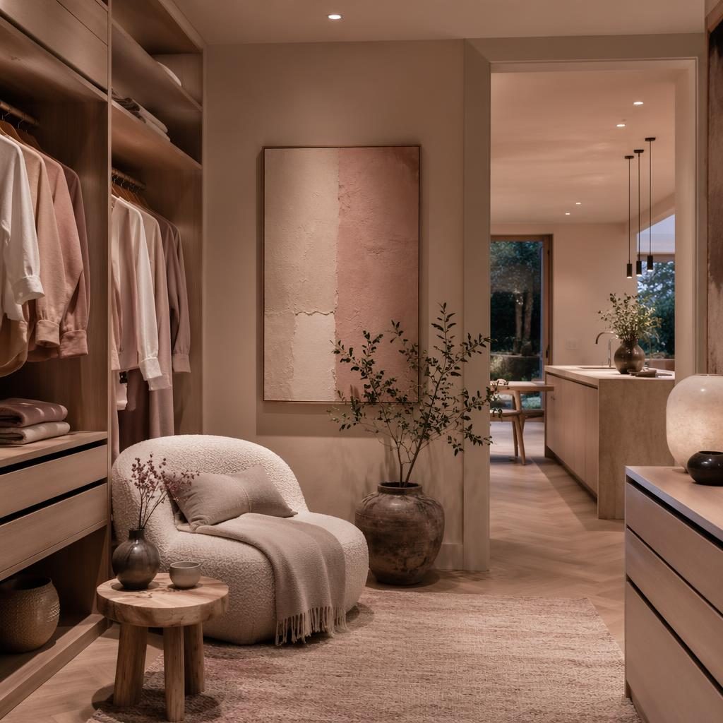 Modern minimalist walk-in closet with a wabi sabi reading corner, pastel pink and beige tones, plants, art, and textiles.