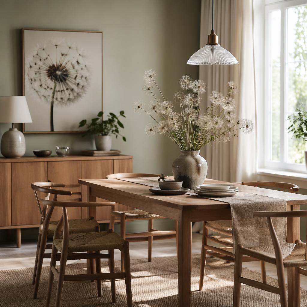 Scandinavian dining room interior with earth tones, soft daylight, natural wood furniture, plants, textiles, and dandelion decor.