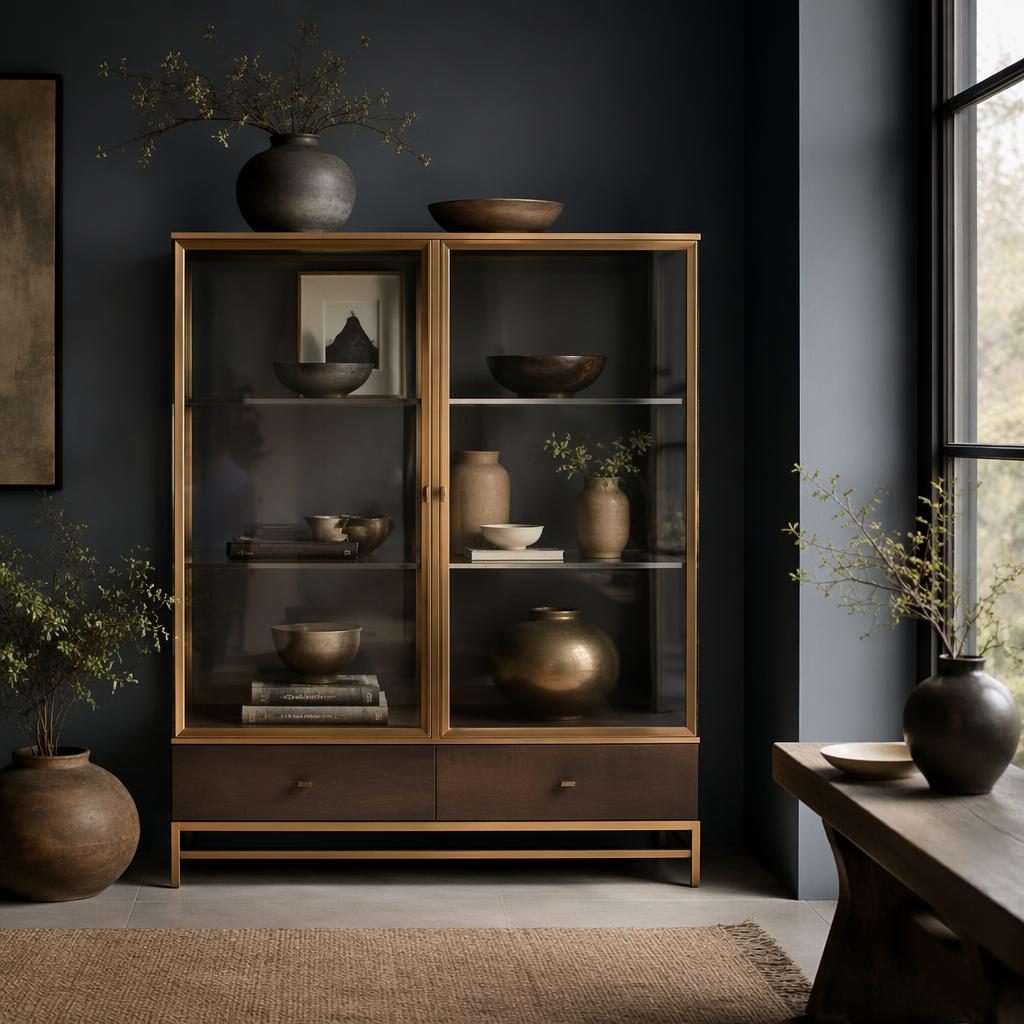 Japandi Eingangsbereich mit Vitrine, blau-messingfarbener Deko, Holz, Pflanzen, Textilien und weichem Tageslicht