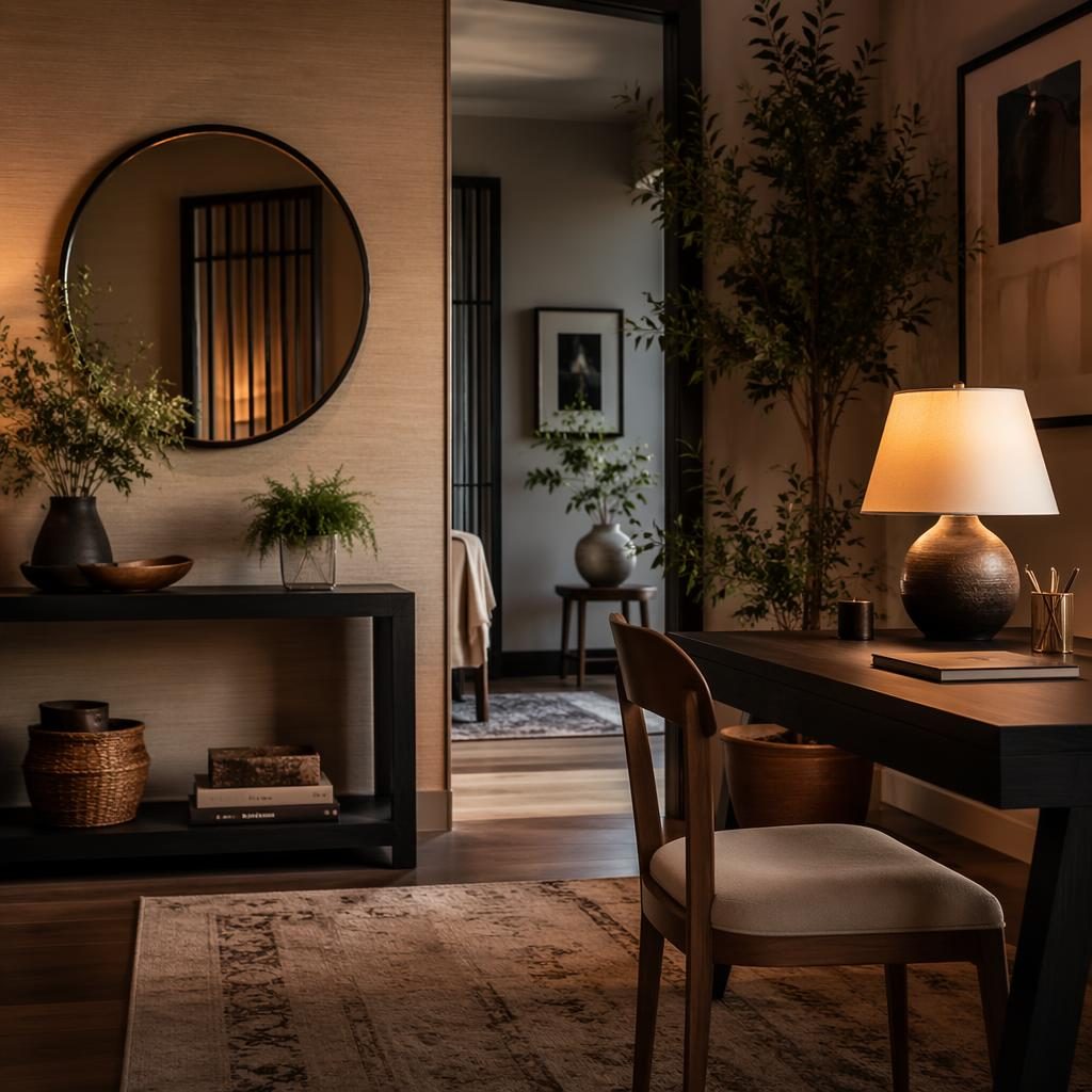 Realistic japandi entryway with earth tones, warm evening light, natural wood, plants, textiles, and styled decor.