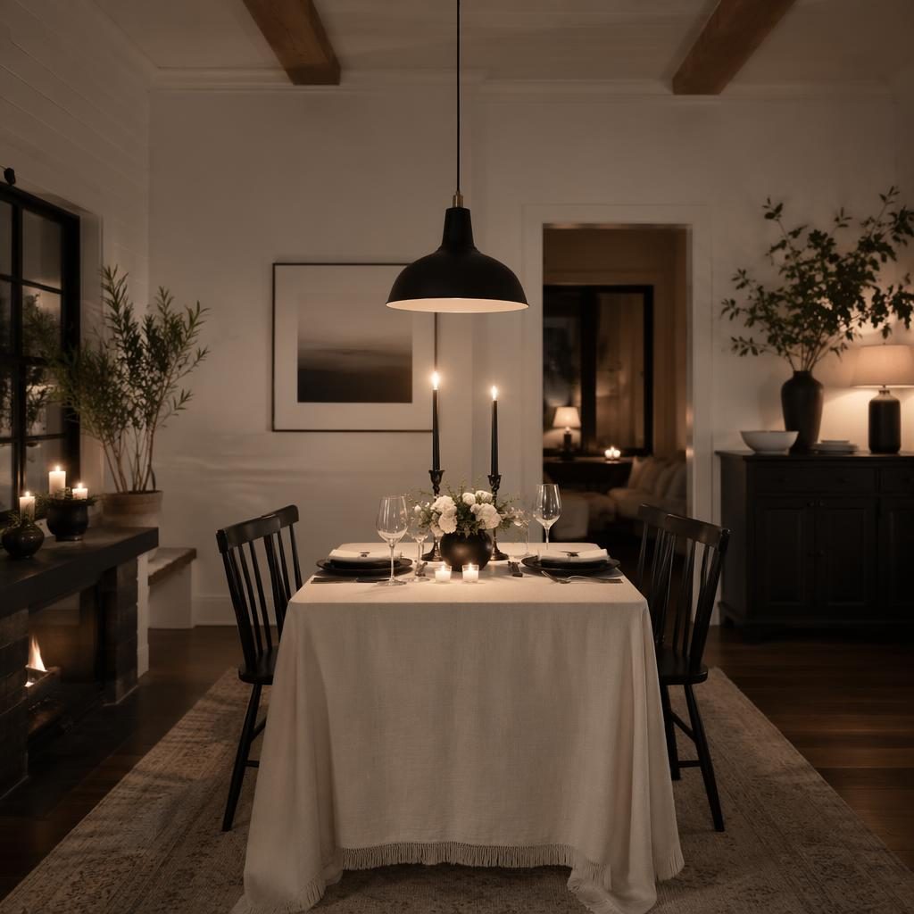 Salón comedor estilo farmhouse moderno en blanco y negro, con mesa para dos decorada de forma romántica al atardecer.