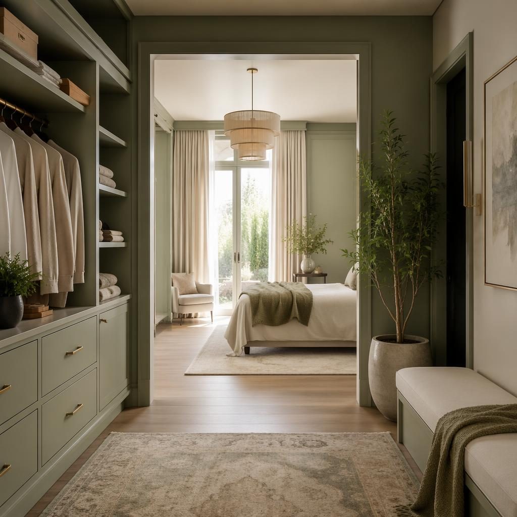 Art deco walk-in closet in sage and cream with soft daylight, natural materials, textiles, plants, and luxury styling