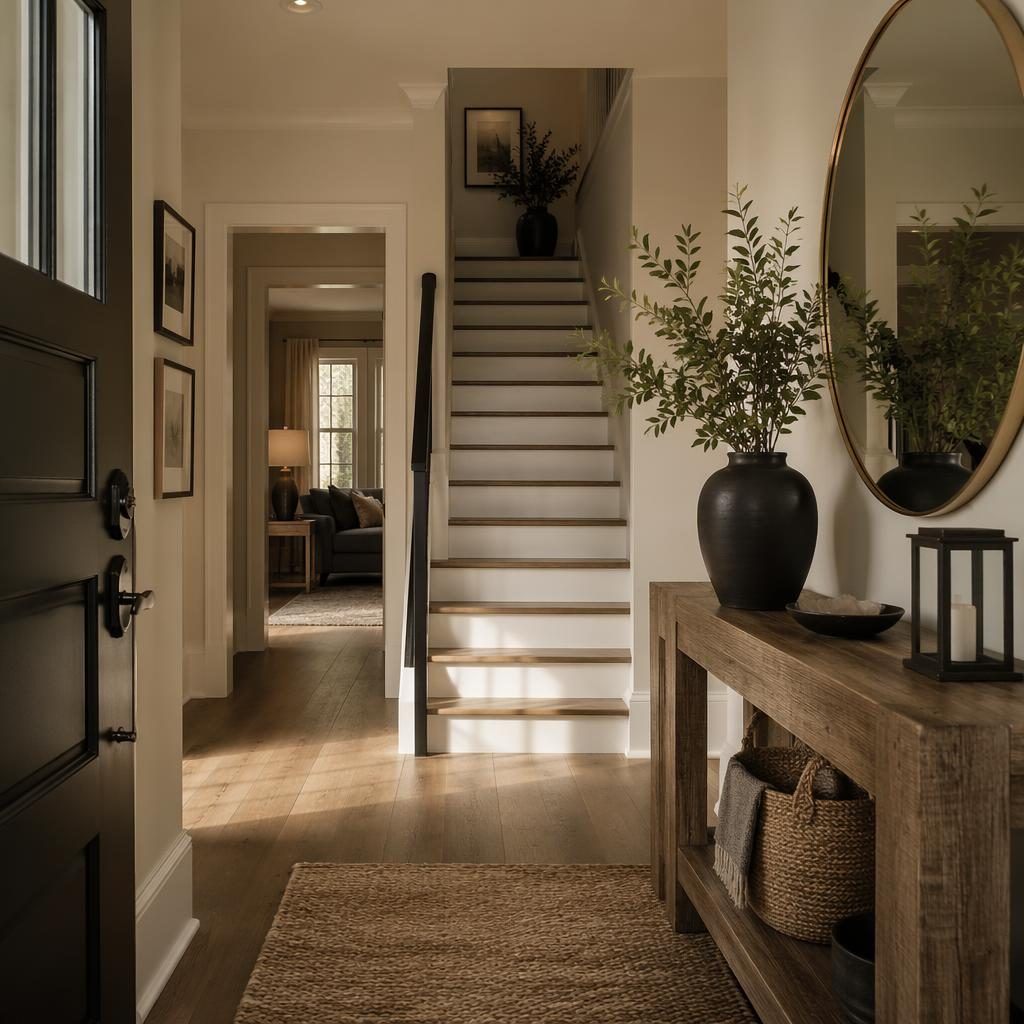 Photoreal farmhouse interior with reclaimed wood, black and white palette, warm golden hour light, plants and textiles