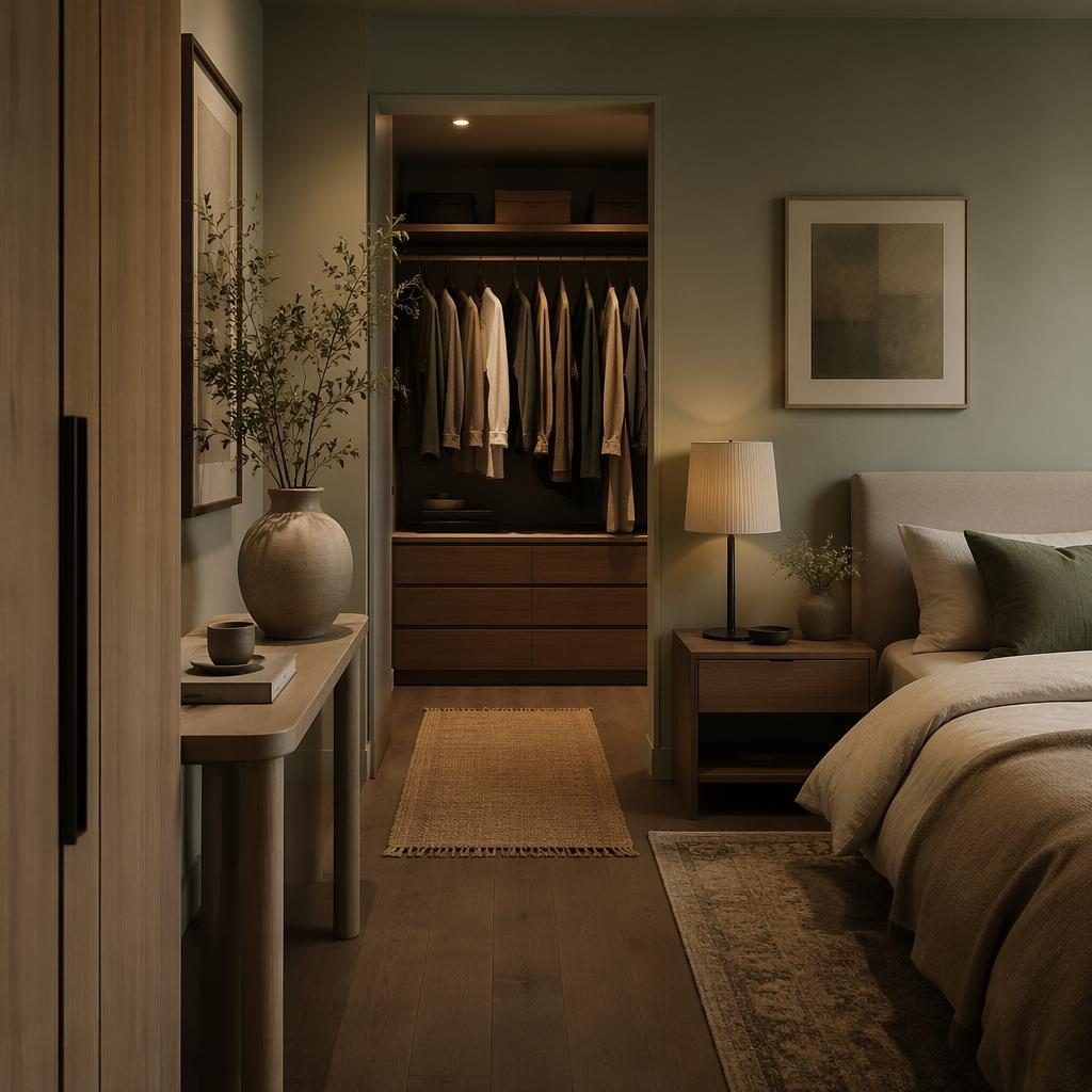 Vestidor interior estilo mid-century en tonos salvia y crema, con materiales naturales, arte, textiles y plantas.