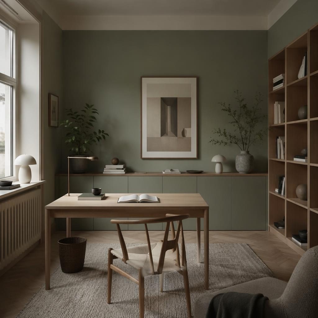 Skandinavisches Homeoffice im Eingangsbereich mit Salbei-Creme-Palette, Holz, Pflanzen, Kunst und stimmungsvoller Beleuchtung.