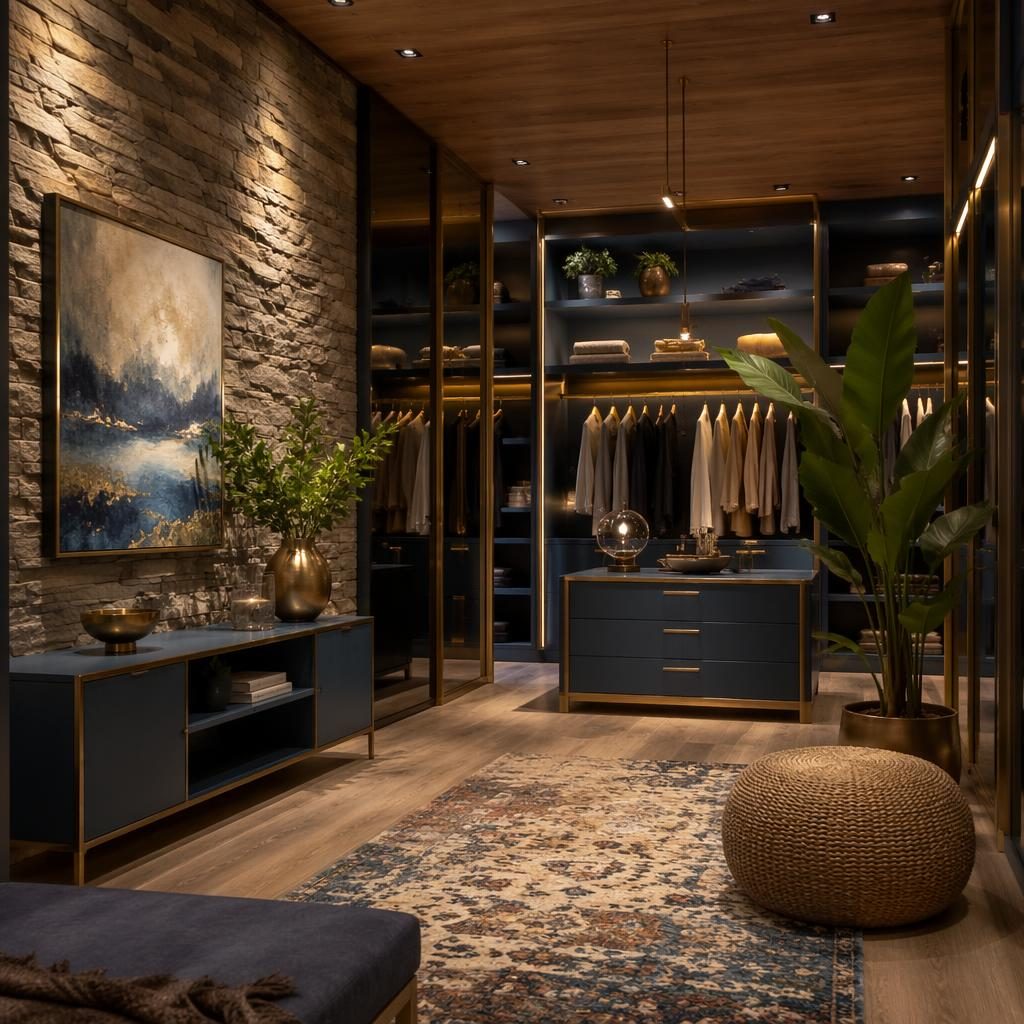 Begehbarer Boho-Kleiderschrank in Blau und Messing mit Naturmaterialien, Pflanzen, Kunst, Textilien und warmem Abendlicht