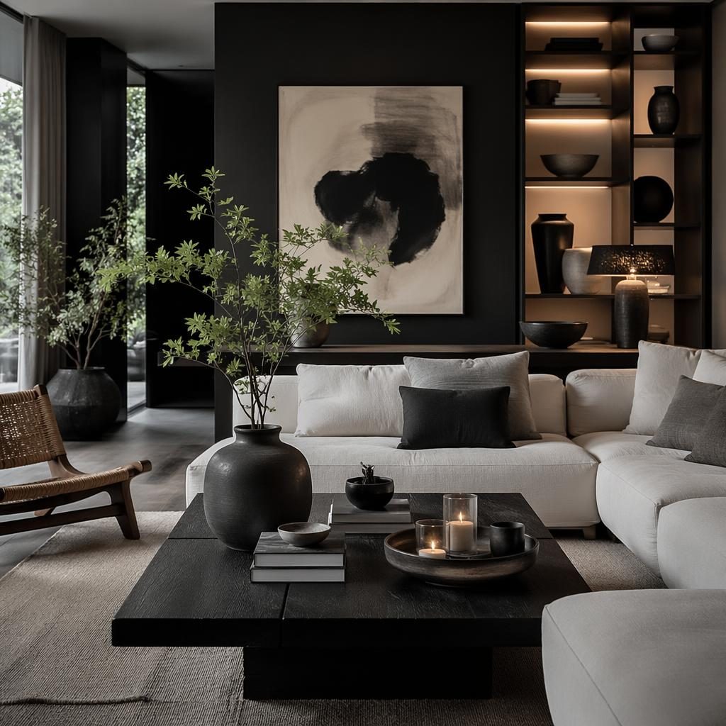 Japandi-Wohnzimmer in Schwarz-Weiß mit natürlichen Materialien, Kunst, Pflanzen, Textilien und stimmungsvoller Beleuchtung