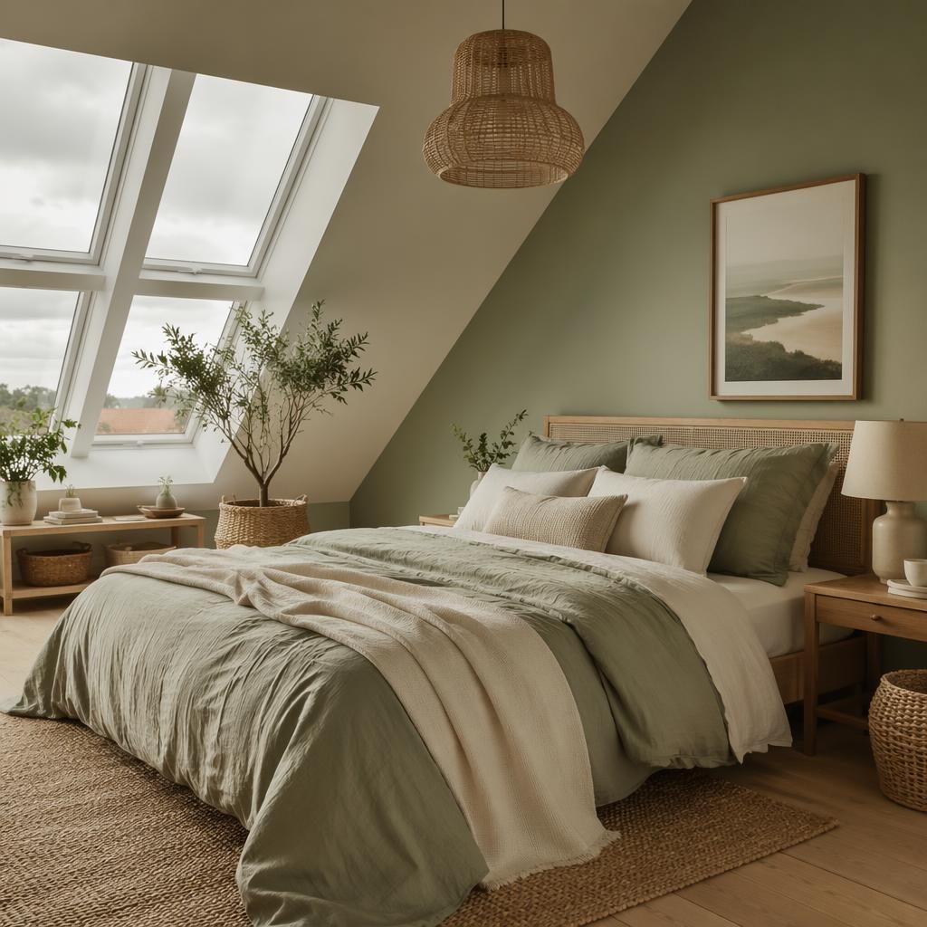 Boho-Innenraum mit salbei-cremefarbener Palette, offener Kücheregalwand, Naturmaterialien, Pflanzen und Textilien