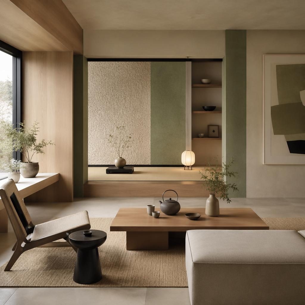 Japandi-Teeraum im Mid-Century-Stil mit salbei-cremefarbener Palette, Tageslicht, Naturmaterialien, Pflanzen und Kunst