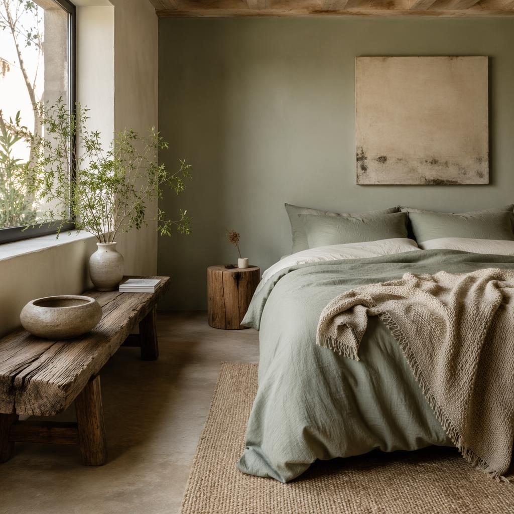 Rincón de lectura realista en dormitorio salvia y crema, con luz natural, textiles, plantas y materiales naturales.