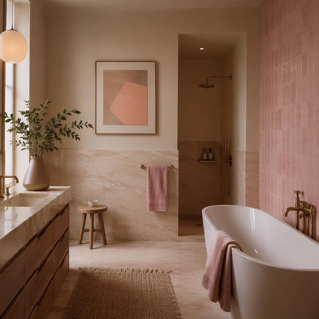 Scandinavian bathroom render with pastel pink and beige tones, natural materials, plants, textiles, and moody lighting