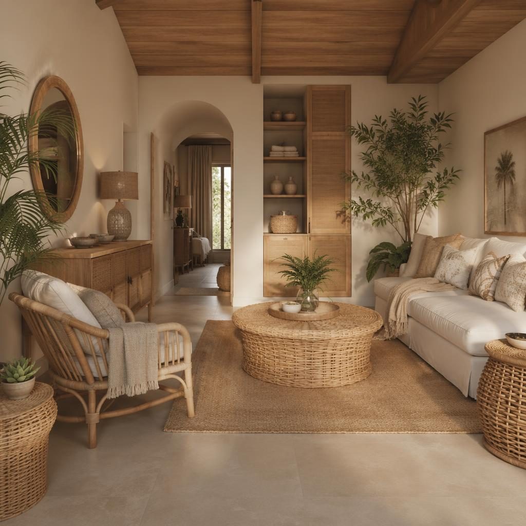 Coastal walk-in closet interior with warm neutral tones, rattan accents, soft daylight, plants, art, and natural textiles.