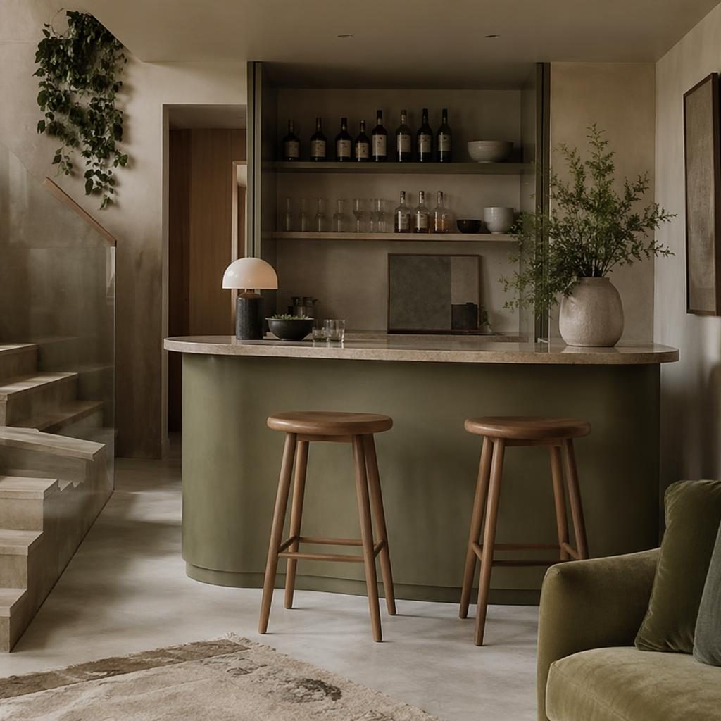 Interior de cocina con bar en casa estilo mid century, tonos salvia y crema, materiales naturales, plantas y arte.