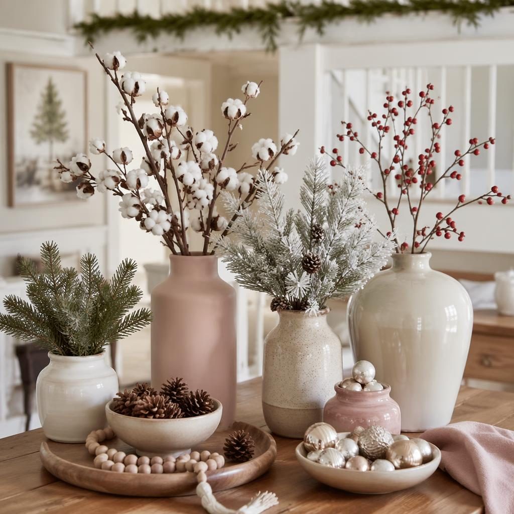 Farmhouse walk-in closet in a minimalist white loft, pastel pink and beige decor, soft daylight, plants, art, textiles.