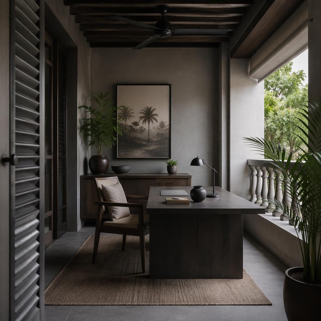 Japandi balcony home office with cool grey palette, natural wood furniture, plants, art, textiles, and soft daylight