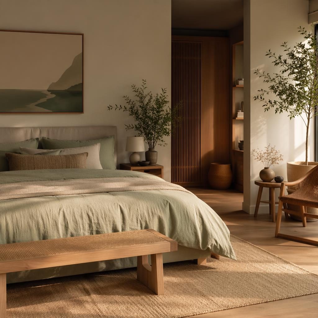 Japandi-Schlafzimmer in Salbei und Creme mit Naturmaterialien, Pflanzen, Kunst, Textilien und warmem Golden-Hour-Licht.