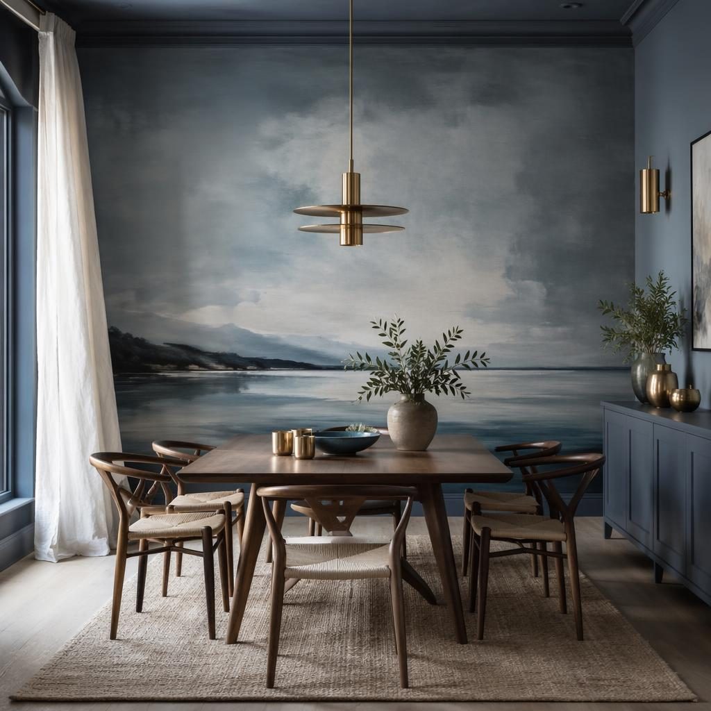Chambre minimaliste aux tons sourds avec peinture murale décorative, matériaux naturels, textiles doux et lumière diffuse.