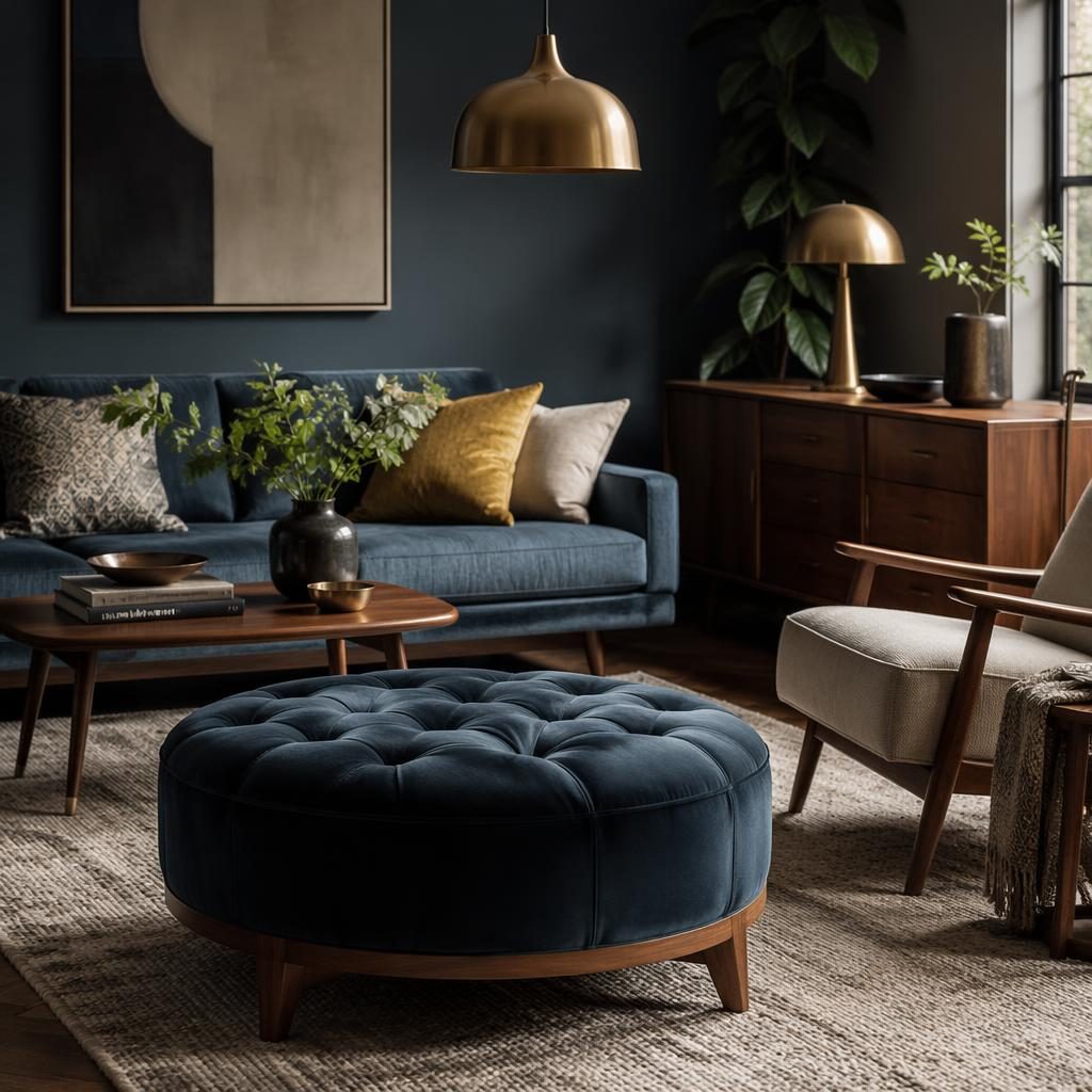 Moody mid-century living room with a rawcliffe ottoman, blue accents, brass details, plants, art, and textiles