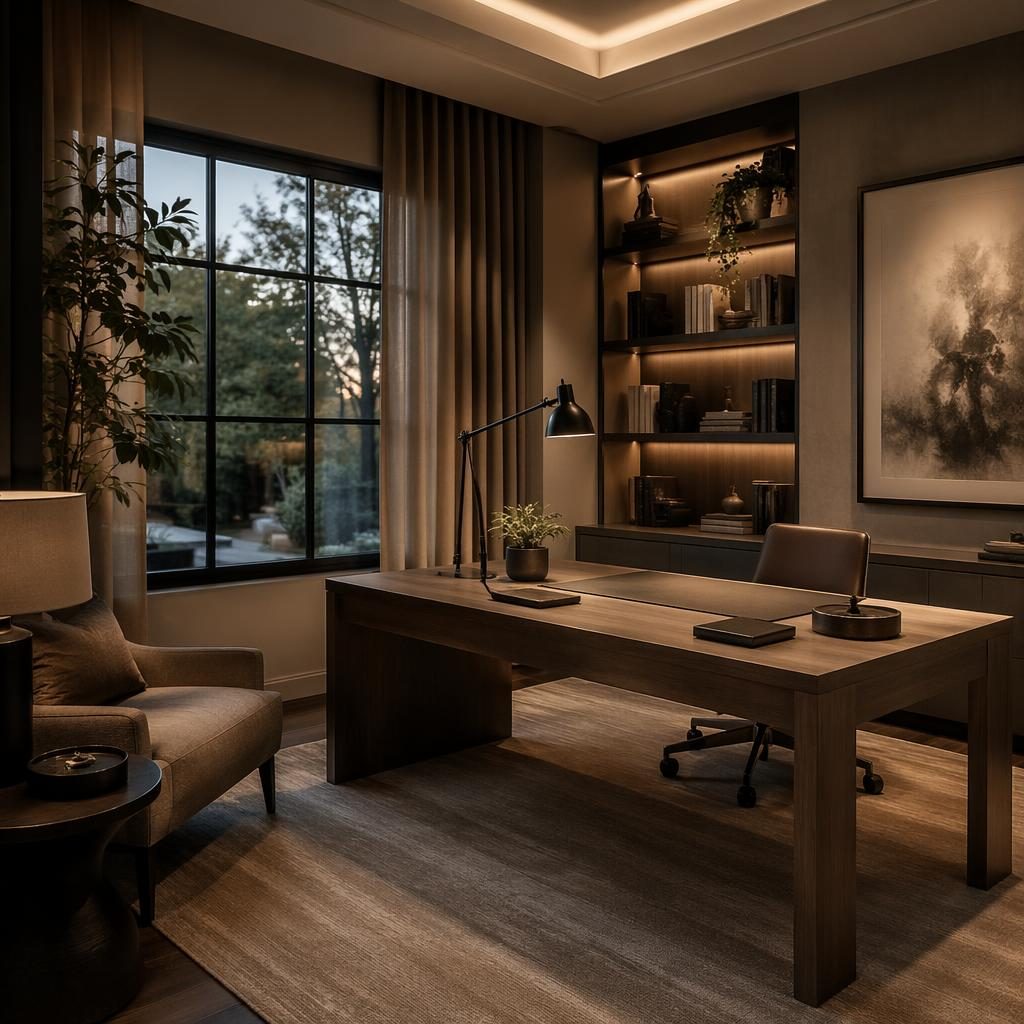 Industrial Badezimmer aus Rohbeton mit warmem Abendlicht, natürlichen Materialien, Pflanzen und ruhiger Foto-Komposition