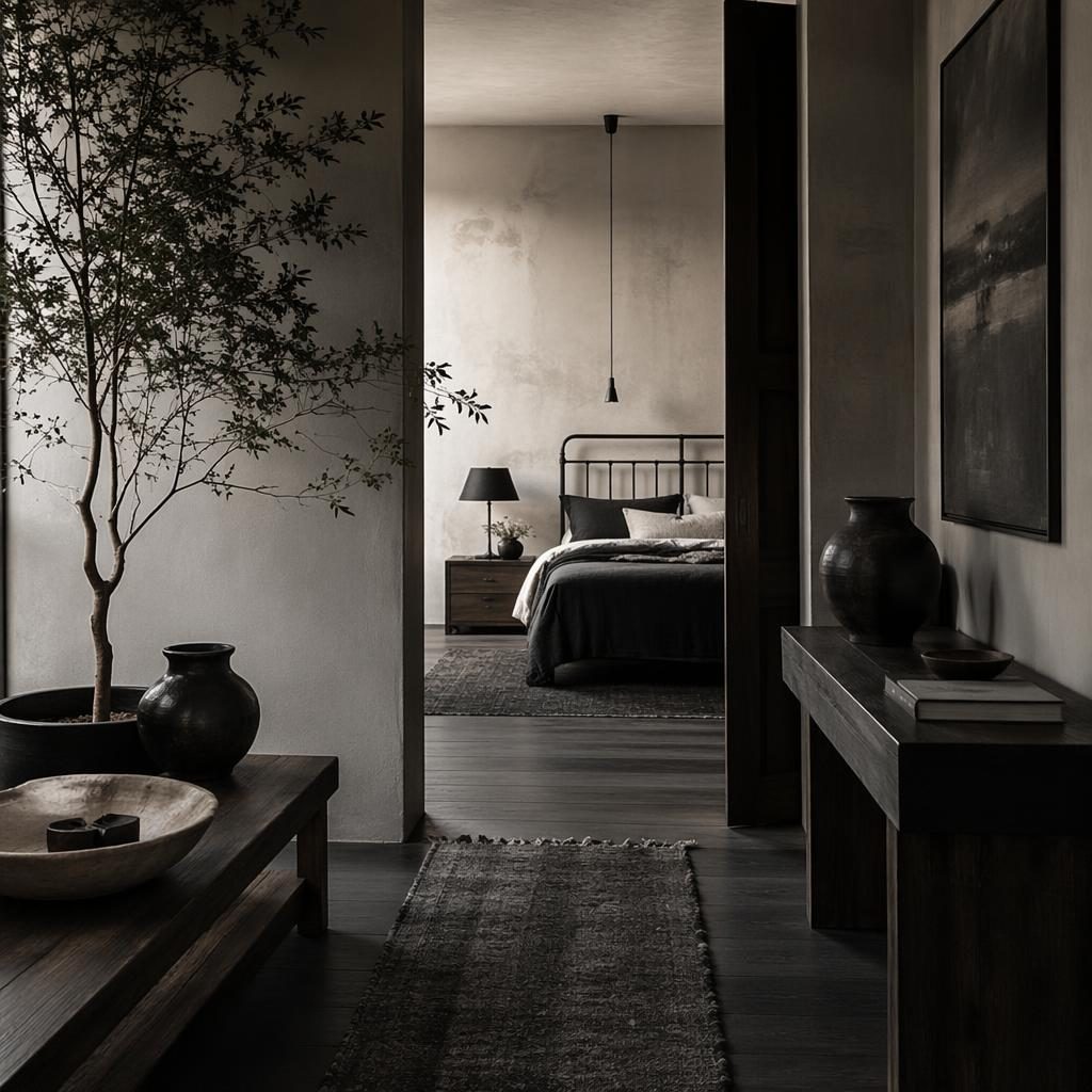 Moody black and white wabi-sabi entryway with natural materials, plants, art, textiles, and an industrial metal frame.