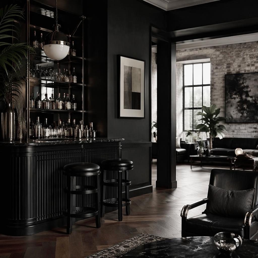 Entrée de loft industriel style art déco en noir et blanc, mobilier soigné, plantes, textiles, art mural, lumière douce