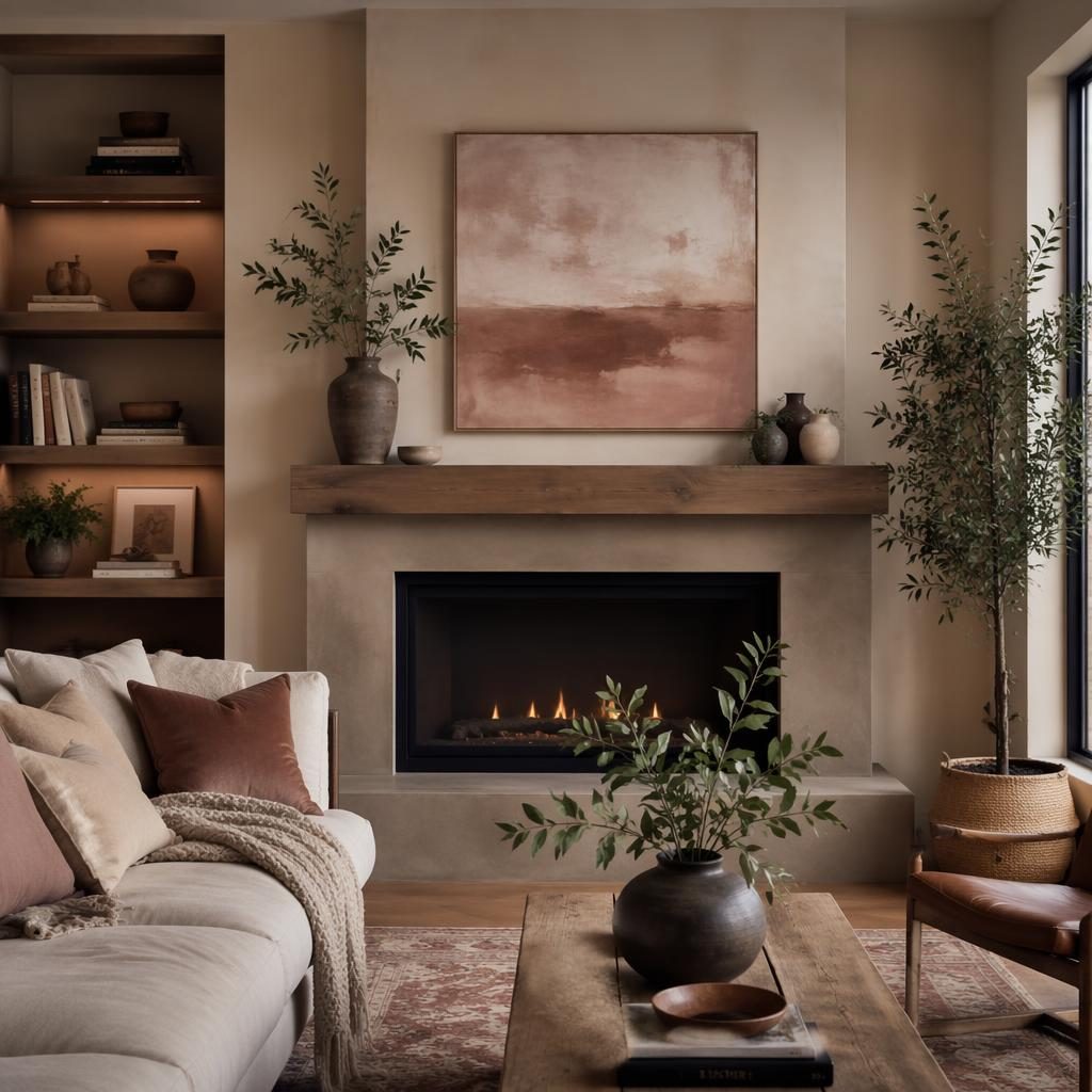 Salón industrial con chimenea decorada, tonos rosa pastel y beige, materiales naturales, plantas, arte y textiles.