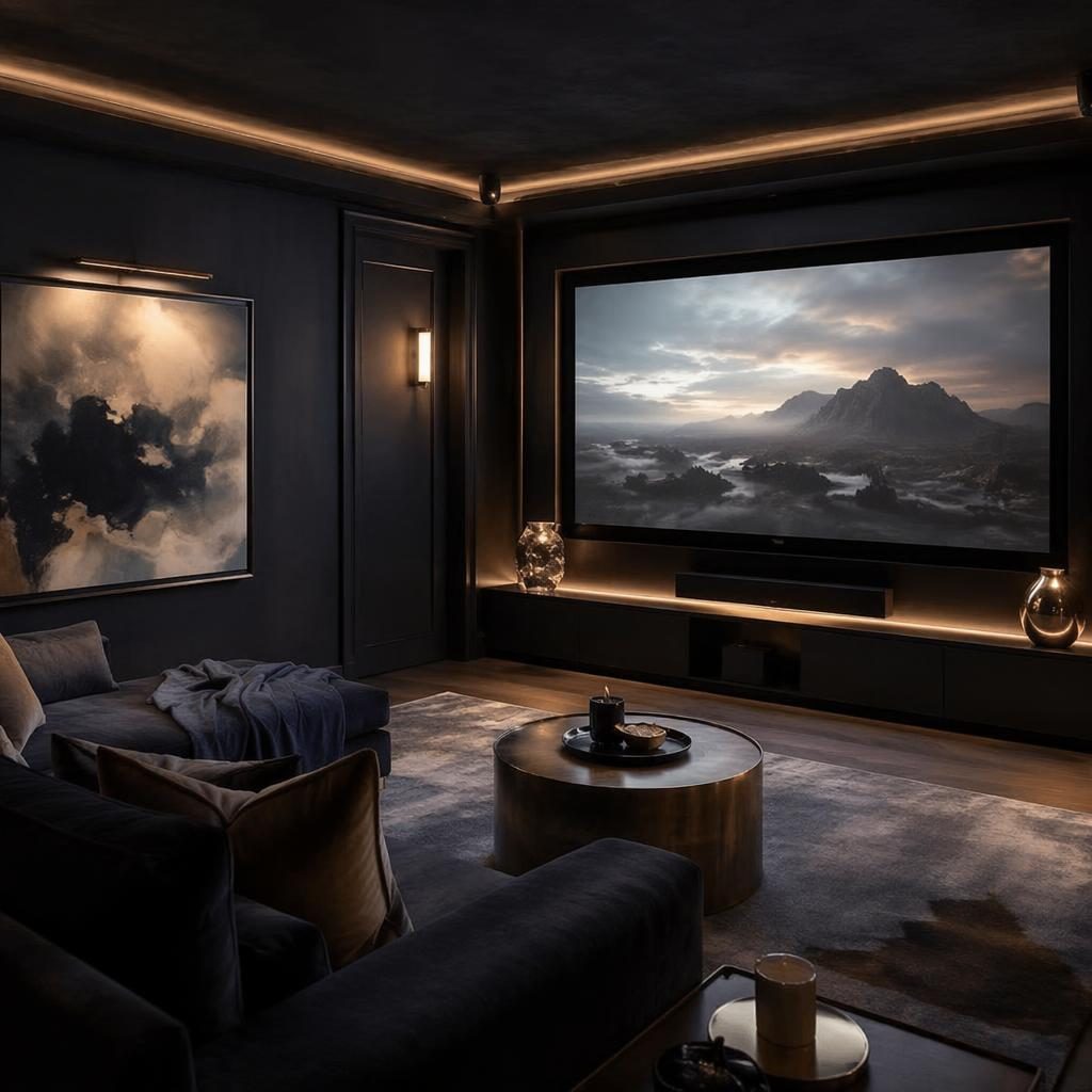Interior de home cinema oscuro y lujoso con tonos azul y latón, luz natural suave, plantas, arte y textiles.