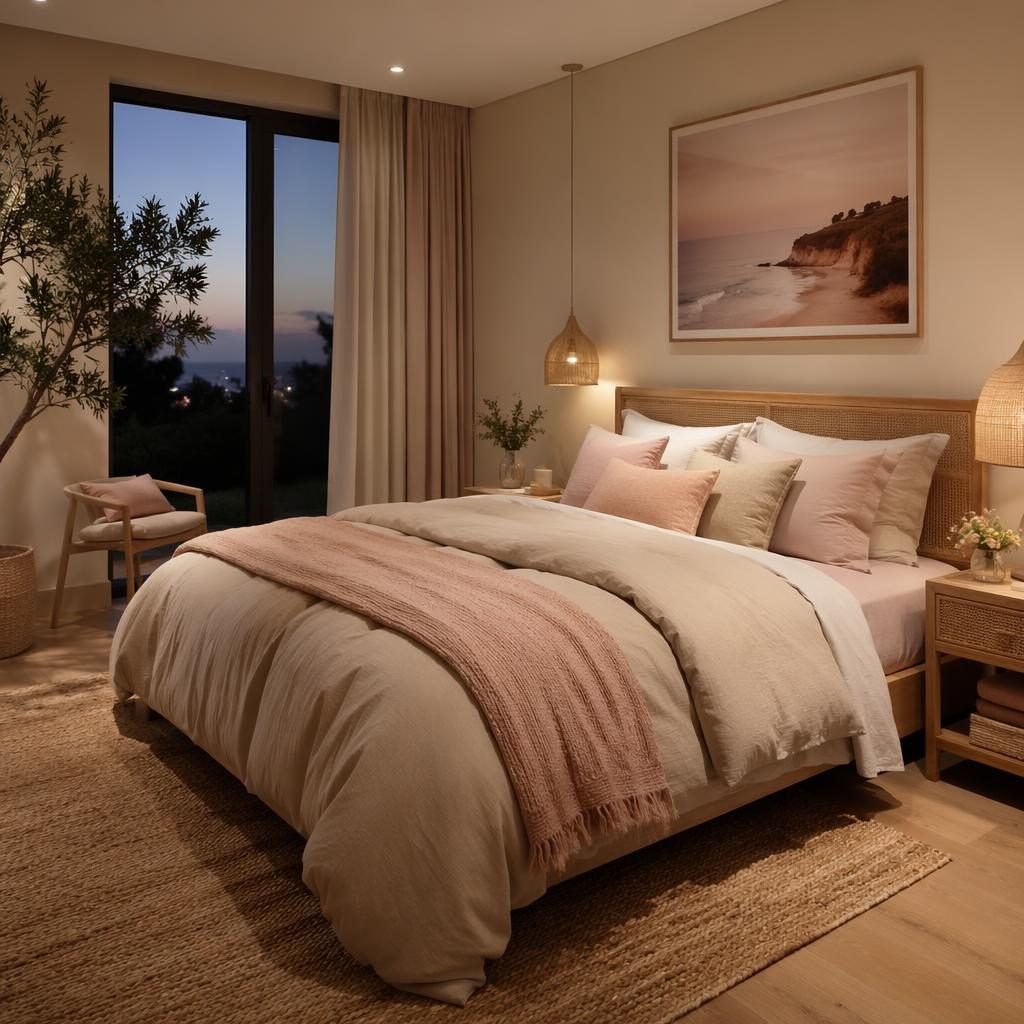 Luxury contemporary kitchen interior in pastel pink and beige with natural materials, plants, art, textiles, warm evening light