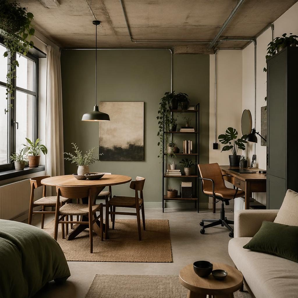 Industrielles Esszimmer mit salbei-cremefarbener Palette, sichtbaren Rohren, Naturmaterialien, Pflanzen und Kunst.
