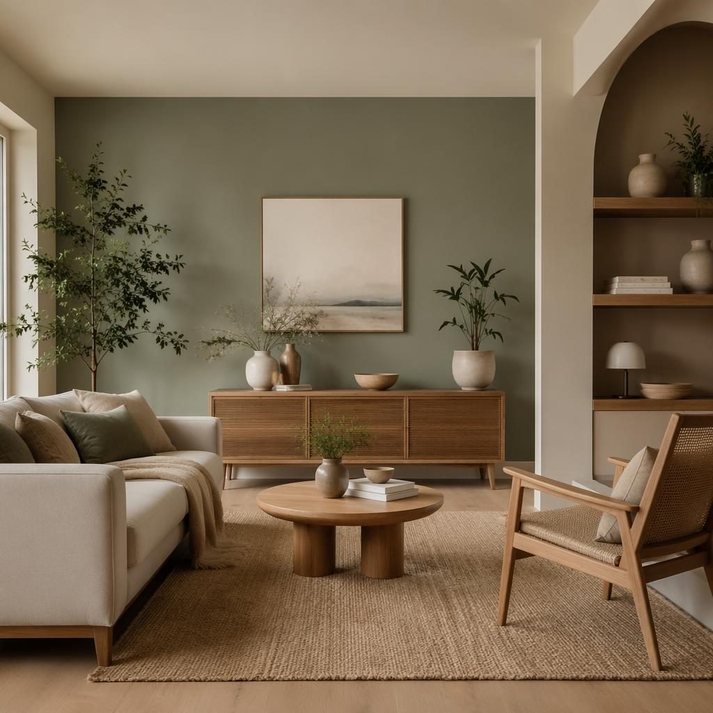 Interior costero con salón boho nórdico en tonos salvia y crema, cocina minimalista de concreto, plantas y luz difusa.