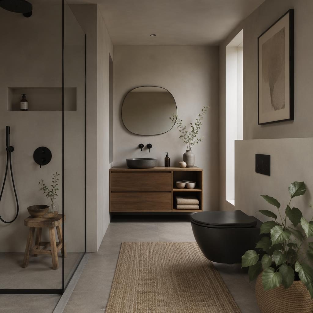 Minimalistisches Bad mit schwarzen Armaturen, Erdtönen, Naturmaterialien, Pflanzen und weichem, diffusem Licht.