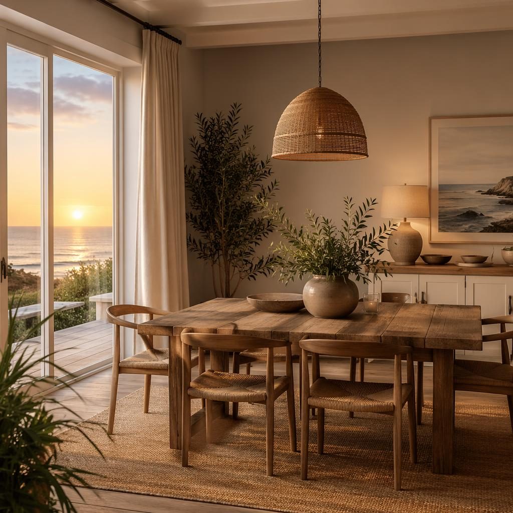 Modernes Farmhouse-Wohnzimmer mit warmen Naturtönen, Holz, Textilien, Pflanzen und goldenem Abendlicht.