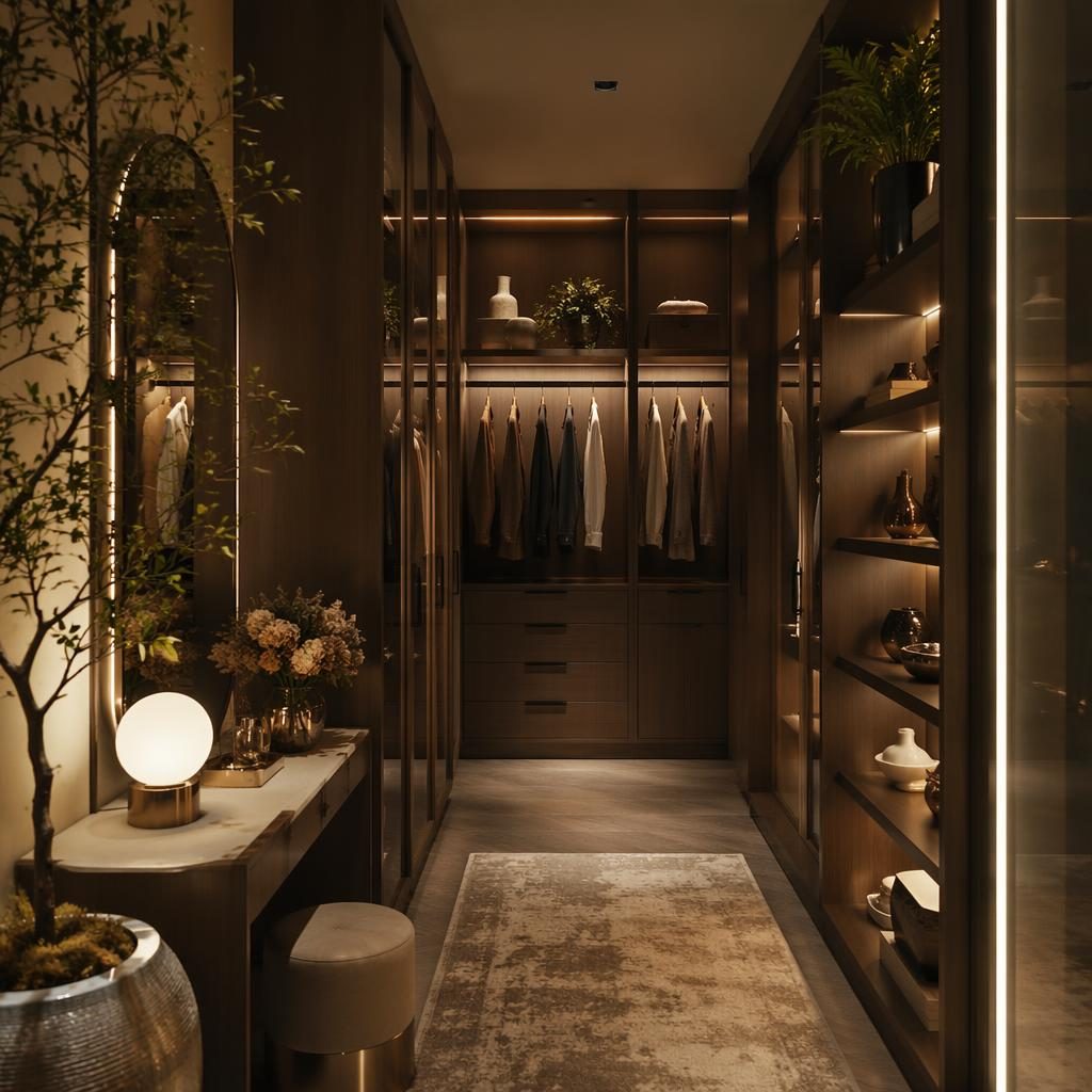 Art deco walk-in closet in earth tones with natural materials, plants, textiles, and small home decor items, warm evening