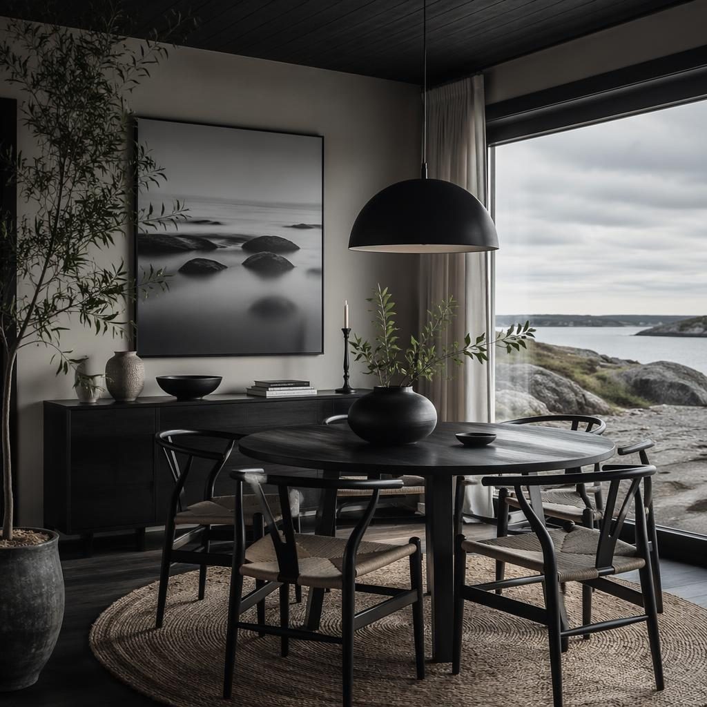 Skandinavisches Esszimmer in Schwarz-Weiß mit natürlichen Materialien, Pflanzen, Kunst und stimmungsvoller Beleuchtung