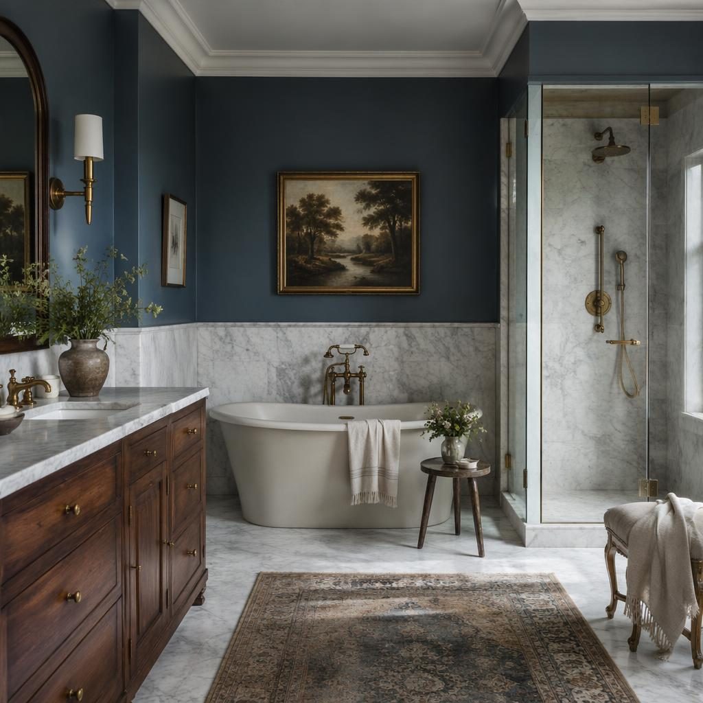 Luxury master bathroom with blue cabinetry, brass fixtures, natural materials, plants, art, and soft overcast light