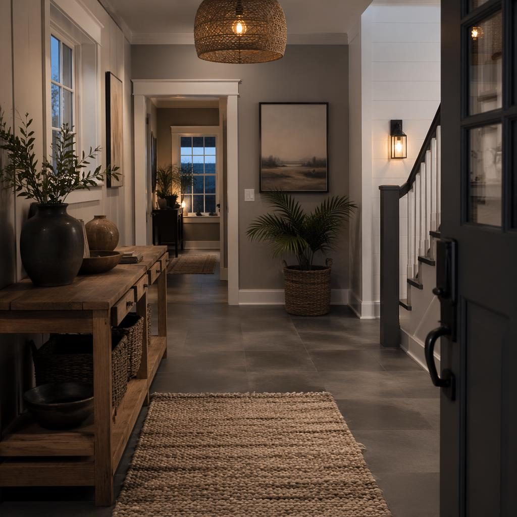 Boho entryway in a cape cod style house interior with cool grey tones, plants, art, textiles, and industrial pipe accents.