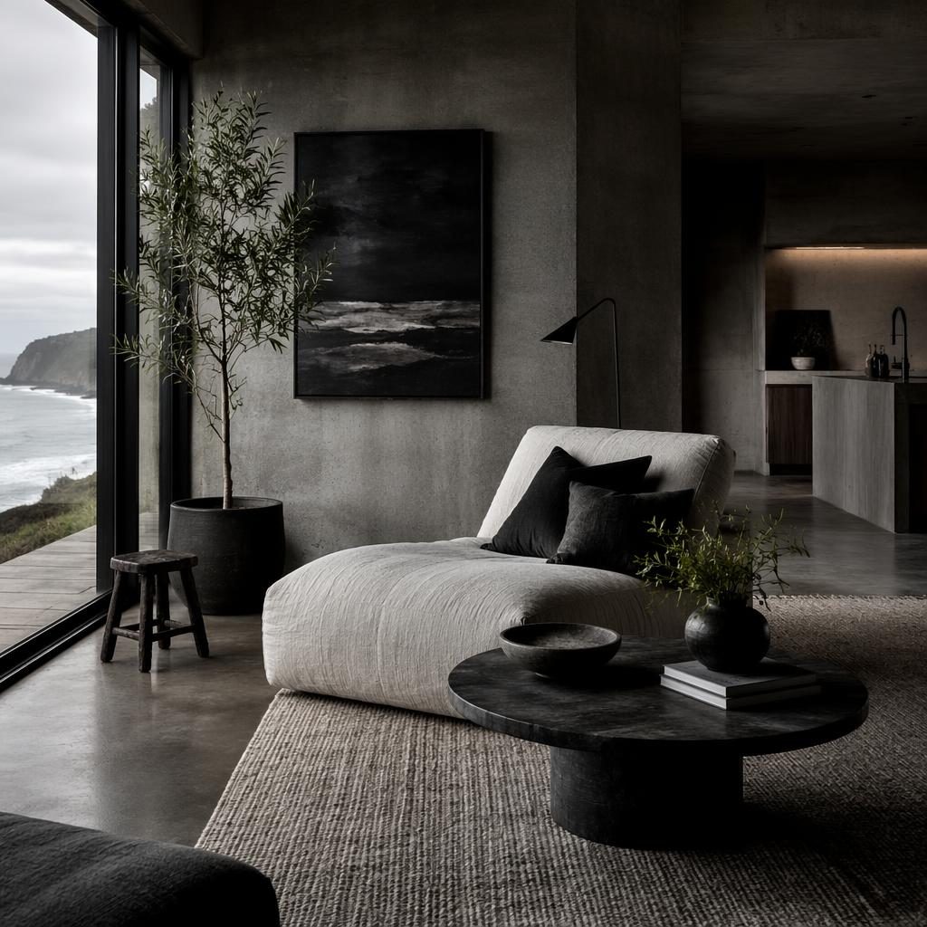 Moody black and white coastal reading nook beside a minimalist concrete kitchen, with plants, art, textiles, and natural materials.