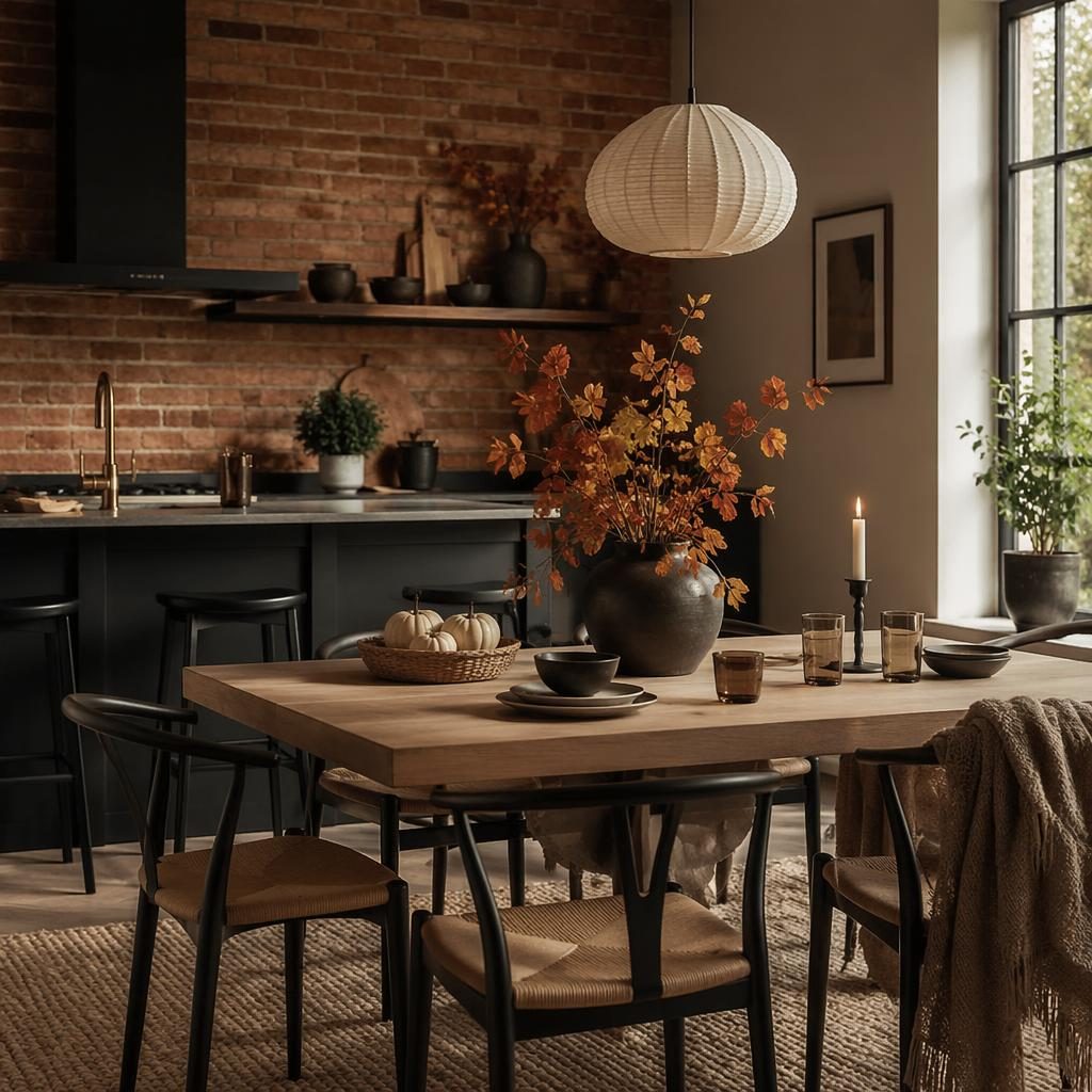 Scandinavian dining room with warm neutral decor beside an industrial brick kitchen, soft daylight, plants, art and textiles