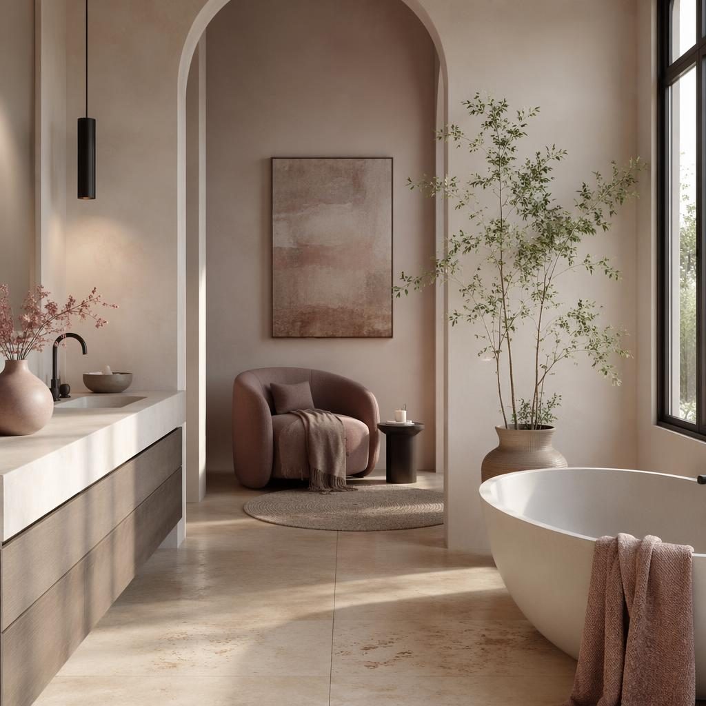 Minimalist bathroom with a wabi sabi reading corner, pastel pink and beige tones, soft daylight, plants, art, and textiles.