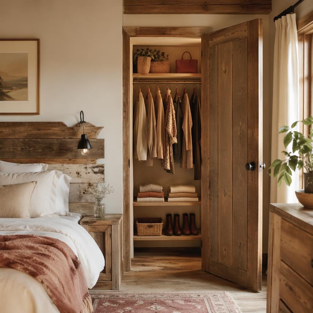 Chambre farmhouse en bois recyclé, tons rose pastel et beige, lumière dorée, textiles, plantes et mobilier naturel.