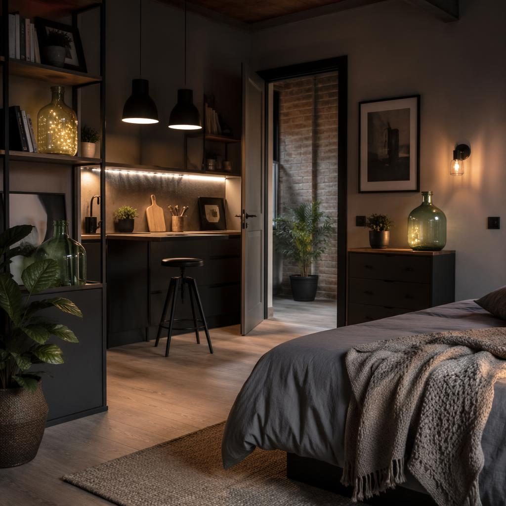 Dormitorio juvenil moderno con paleta gris, luz cálida de tarde, damajuanas decorativas, textiles, plantas y arte.