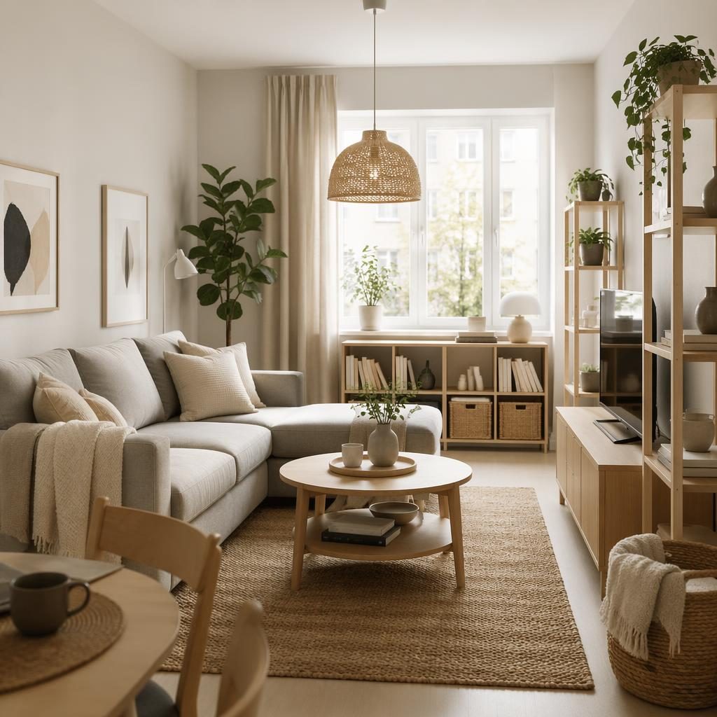 Fotorealistische Scandinavische woonkamer met licht eiken meubels, modulaire kast, bank, planten en zachte daglichtinval.