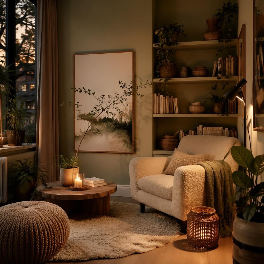 Boho-Leseecke mit Sessel, Pflanzen, Textilien und sichtbaren Industrie-Rohren in Salbei und Creme bei Abendlicht