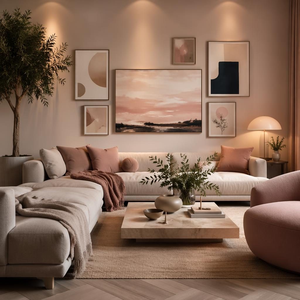 Intérieur réaliste style galerie minimaliste, tons rose pastel et beige, matières naturelles, plantes, art et textiles.
