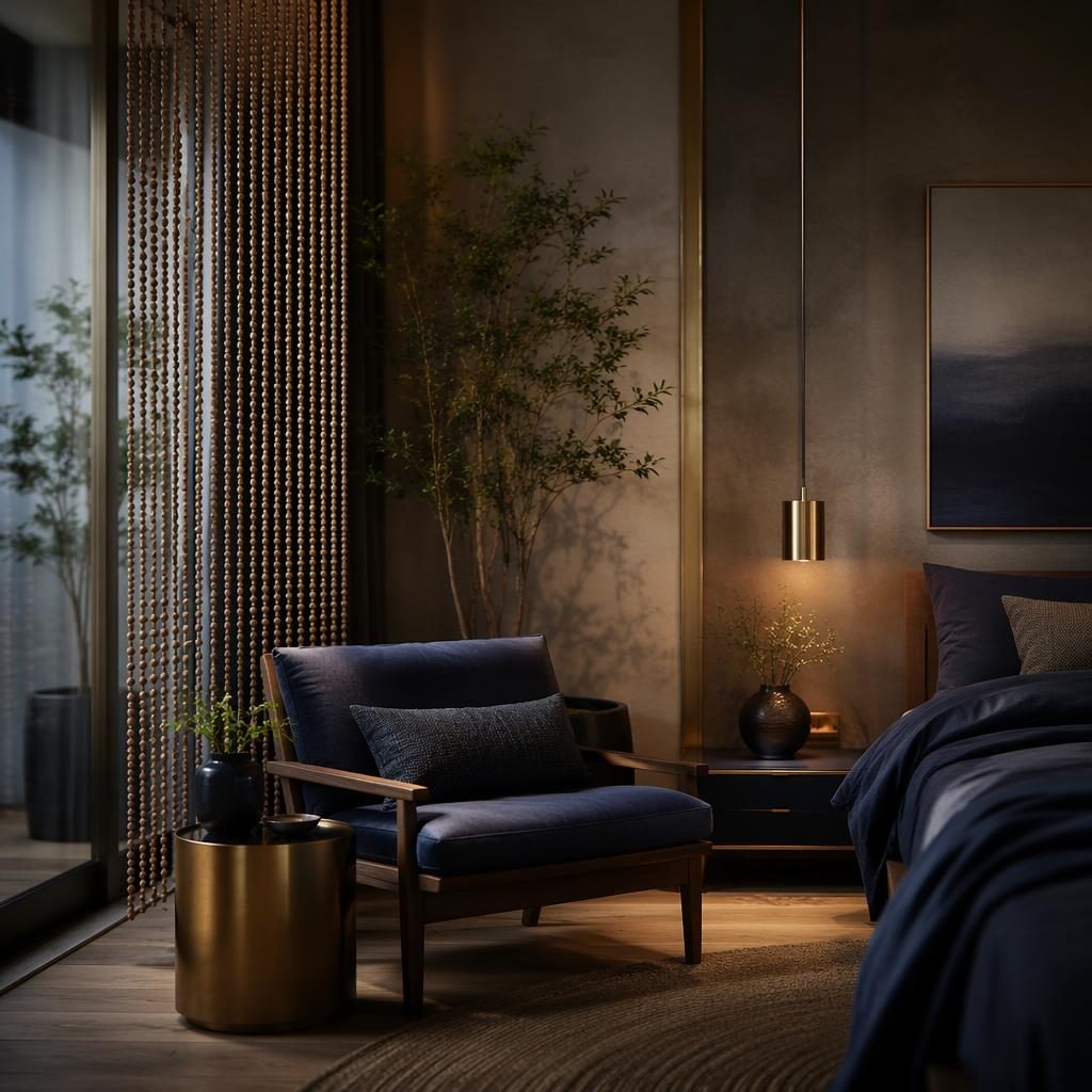 Japandi bedroom with a blue and brass reading nook, bead curtain divider, plants, art, textiles, and moody lighting
