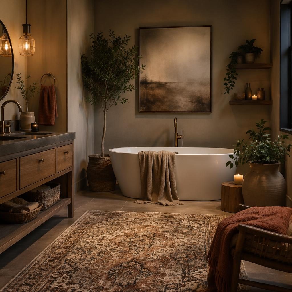Dark luxurious home cinema interior with earth-tone decor, natural materials, textiles, plants, art, and warm evening lighting.