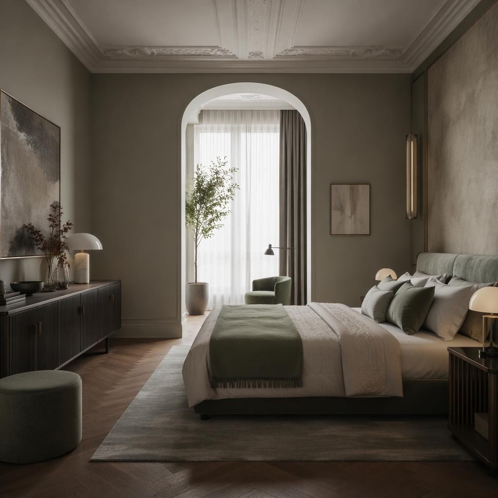 Salbei-cremefarbenes Art-Déco-Schlafzimmer mit kühlen Grautönen, Naturmaterialien, Pflanzen, Kunst und Textilien