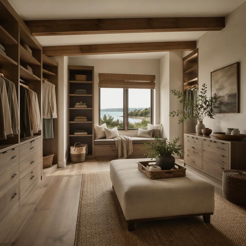 Vestidor costero con diseño interior en tonos tierra, materiales naturales, plantas, arte textil y luz difusa.