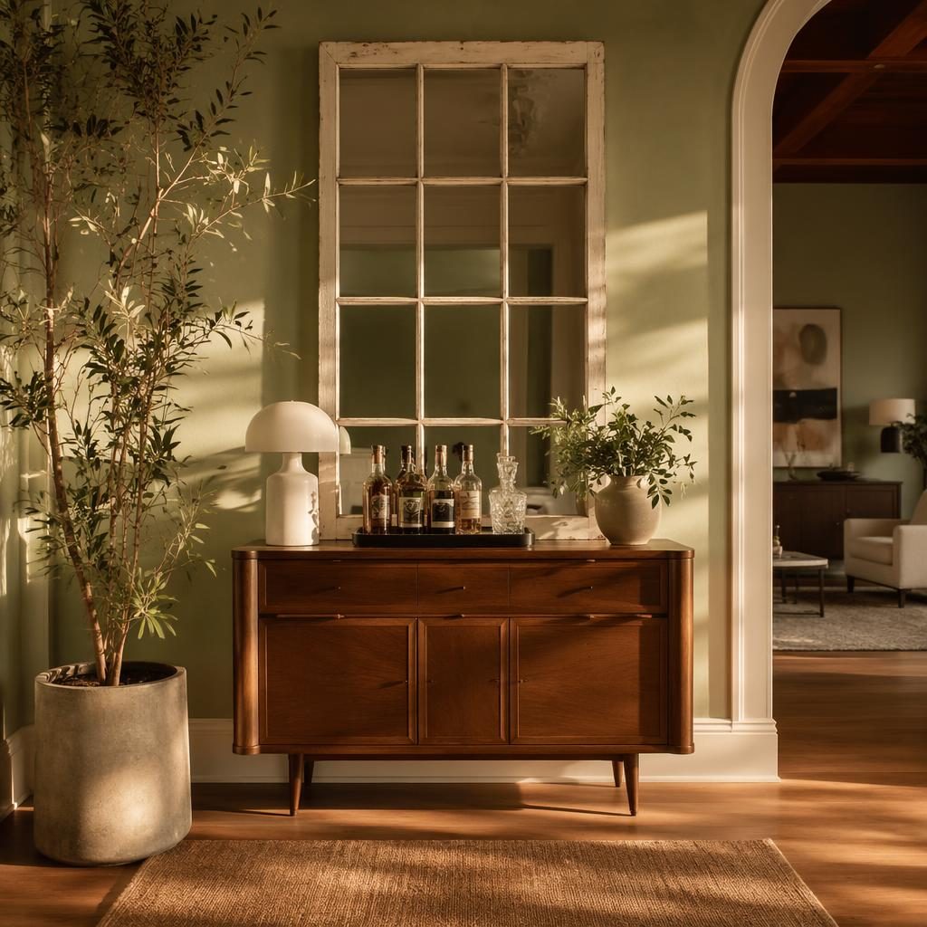 Luxury contemporary entryway with a mid century home bar, sage and cream palette, plants, art, textiles, and warm golden hour light.